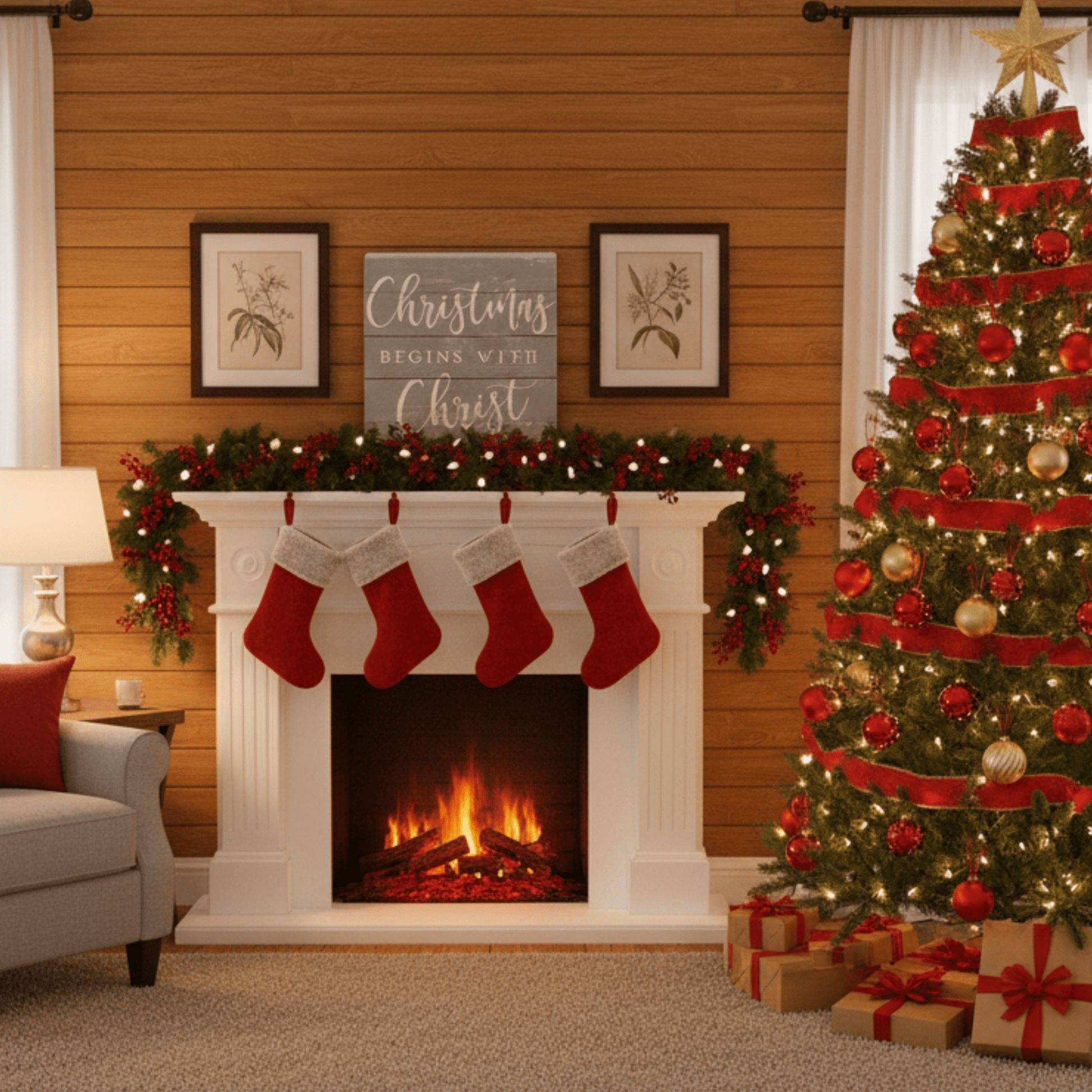 Christmas Begins Small Talk Square – 5.25"x5.25" Rustic Wooden Sign, Inspirational Holiday Décor - Tree Treasures