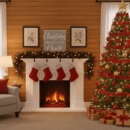 Christmas Begins Small Talk Square – 5.25"x5.25" Rustic Wooden Sign, Inspirational Holiday Décor - Tree Treasures