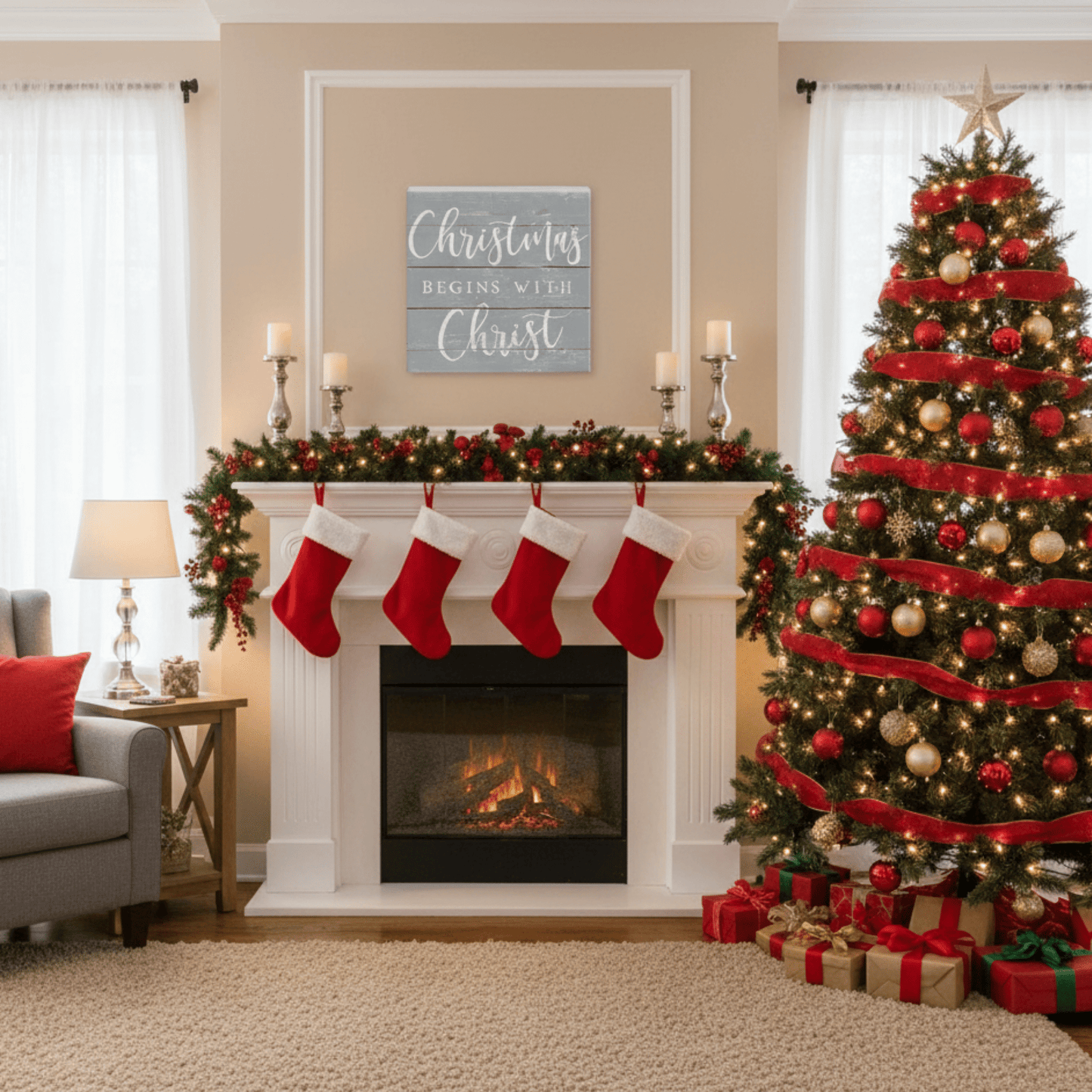 Christmas Begins Small Talk Square – 5.25"x5.25" Rustic Wooden Sign, Inspirational Holiday Décor - Tree Treasures