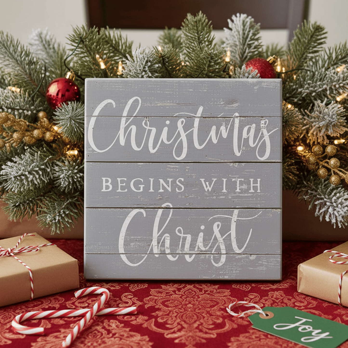 Christmas Begins Small Talk Square – 5.25"x5.25" Rustic Wooden Sign, Inspirational Holiday Décor - Tree Treasures