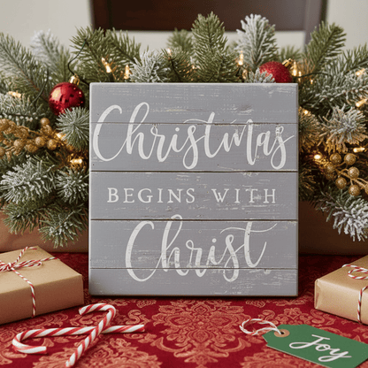 Christmas Begins Small Talk Square – 5.25"x5.25" Rustic Wooden Sign, Inspirational Holiday Décor - Tree Treasures