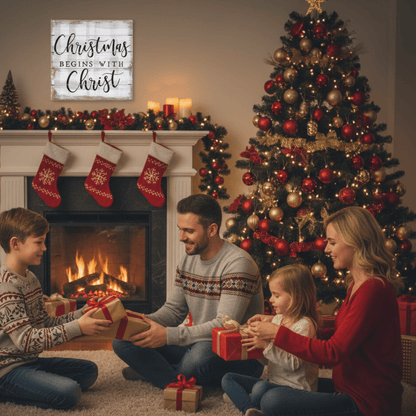 Christmas Begins with Christ Rustic Plaid Perfect Pallet Petite Sign – Wooden Christmas Décor - Tree Treasures