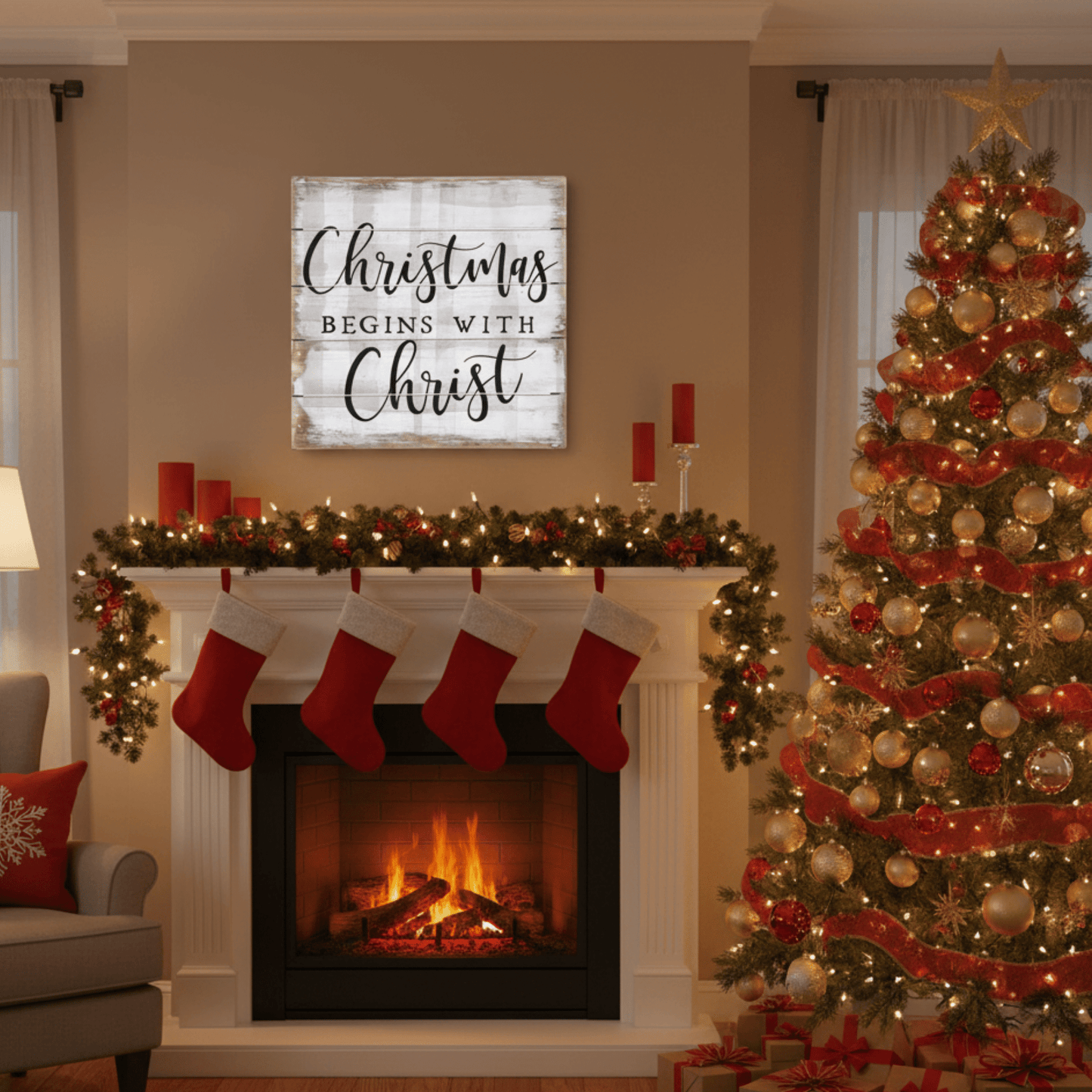 Christmas Begins with Christ Rustic Plaid Perfect Pallet Petite Sign – Wooden Christmas Décor - Tree Treasures