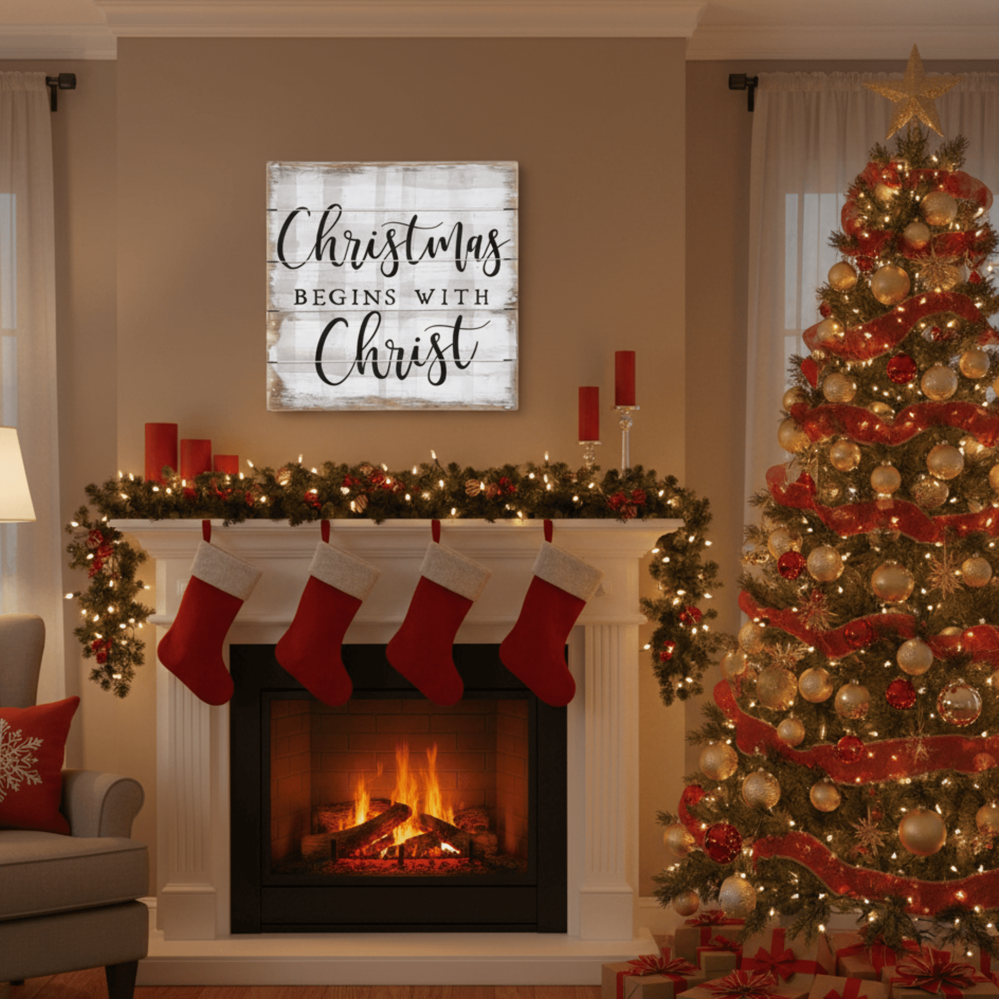 Christmas Begins with Christ Rustic Plaid Perfect Pallet Petite Sign – Wooden Christmas Décor - Tree Treasures