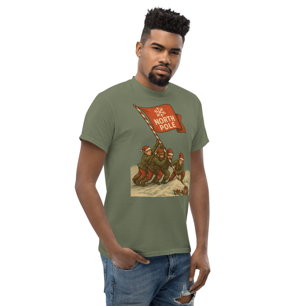 Elves Raising the North Pole Flag – Funny Christmas Tee - Tree Treasures