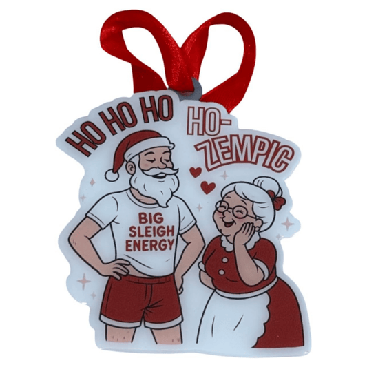 Funny Hozempic Christmas Ornament – Big Sleigh Energy Santa & Mrs. Claus – Metal Xmas Tree Decoration for Adults – White Elephant, Dirty Santa, Office Christmas Party, Christmas in July Gag Gift - Tree Treasures