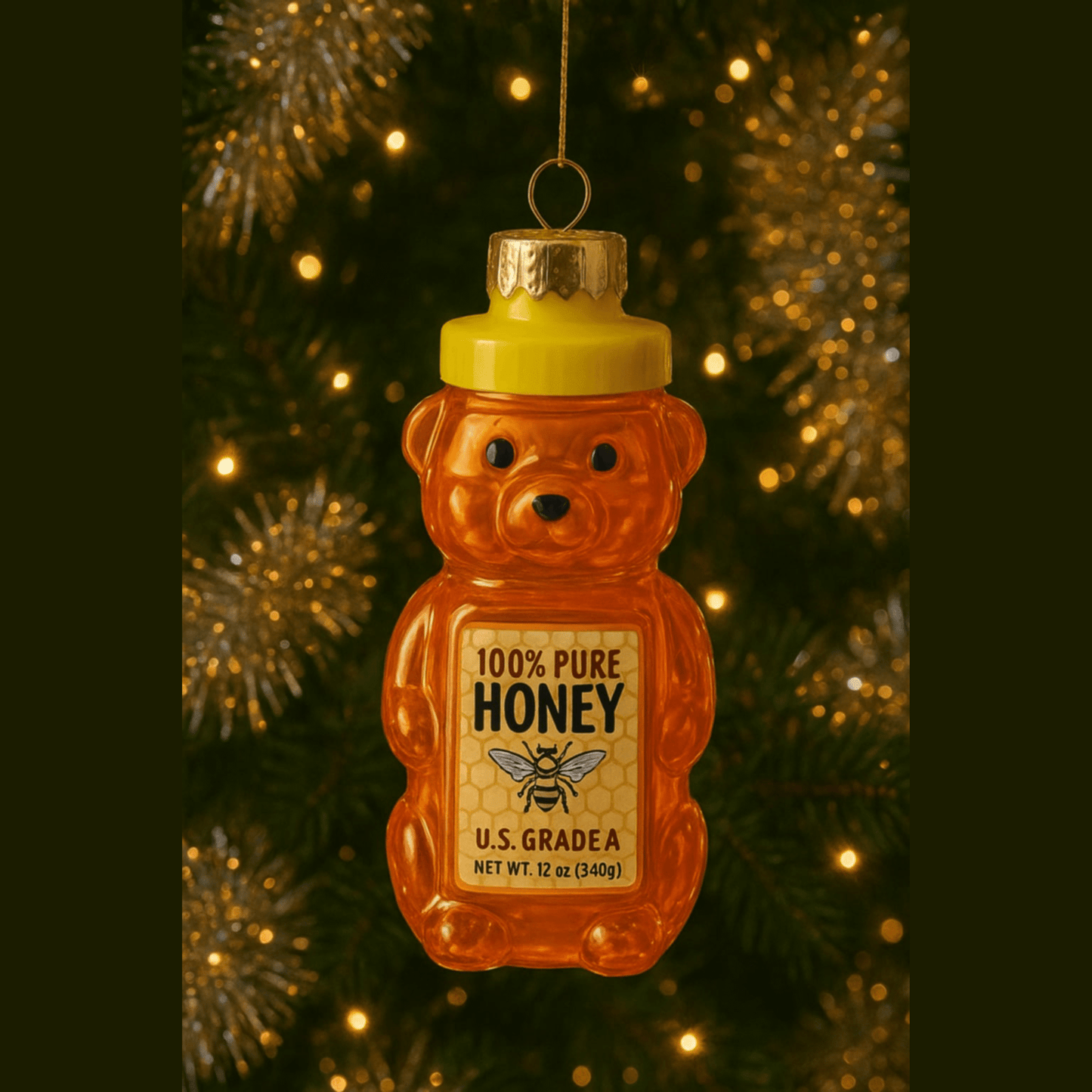Honey Bear Glass Christmas Ornament – Hand - Painted Blown Glass with Hanging Cord - Tree Treasures