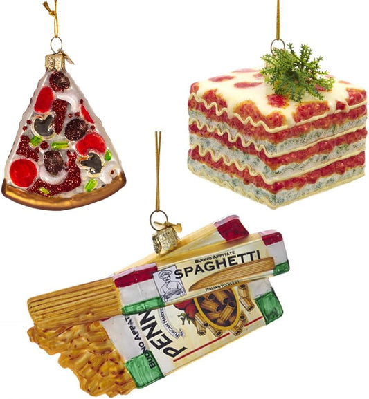Italian Food Ornaments 3 - Piece Set – Pizza, Lasagna & Spaghetti by Tree Treasures | Hand - Painted Glass Christmas Décor - Tree Treasures