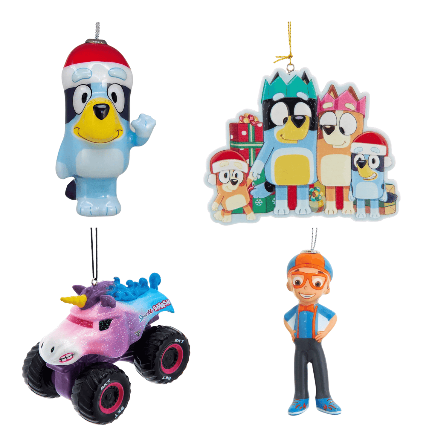 Kids’ Holiday Favorites Ornament Bundle – Bluey, Monster Jam, & Blippi Christmas Set - Tree Treasures