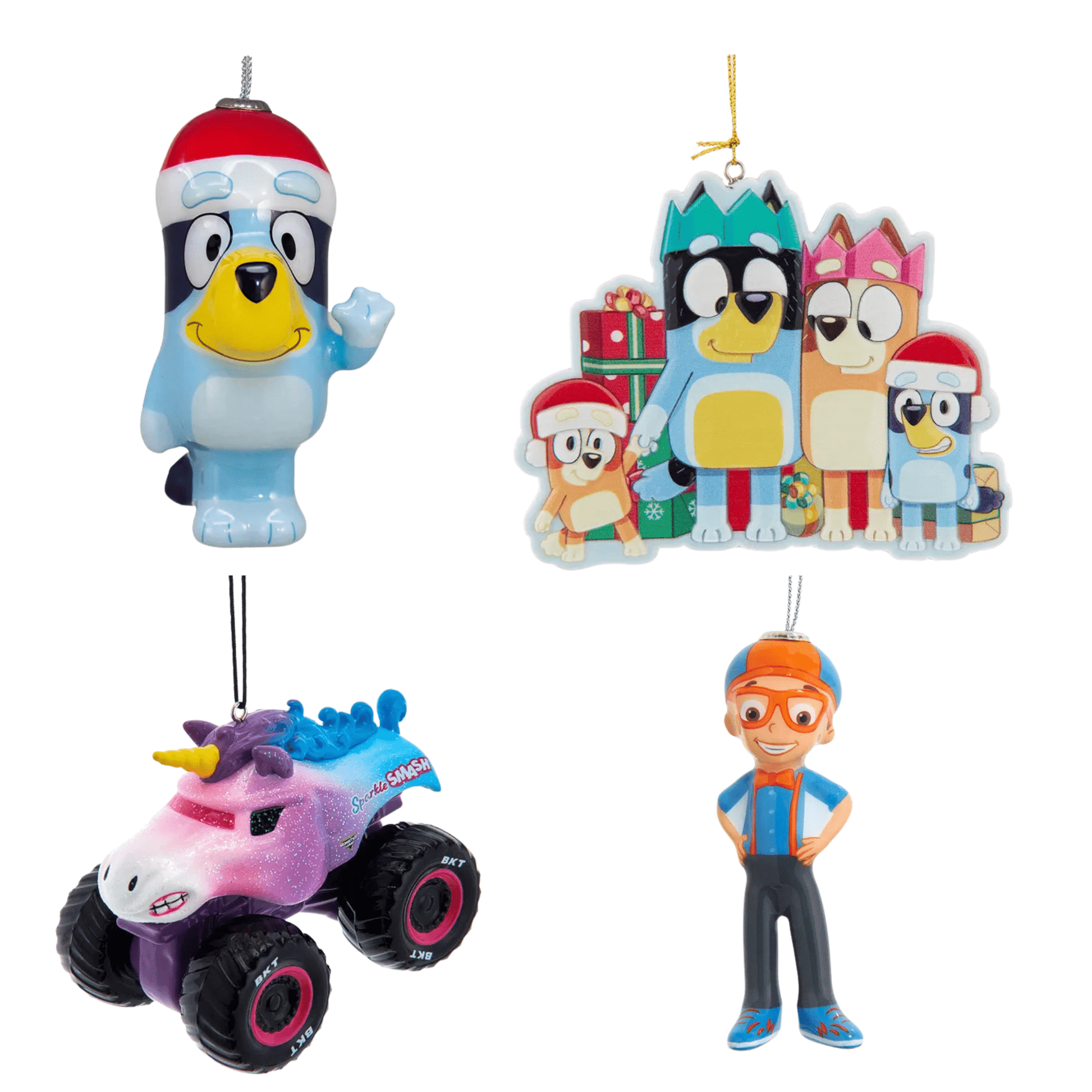 Kids’ Holiday Favorites Ornament Bundle – Bluey, Monster Jam, & Blippi Christmas Set - Tree Treasures