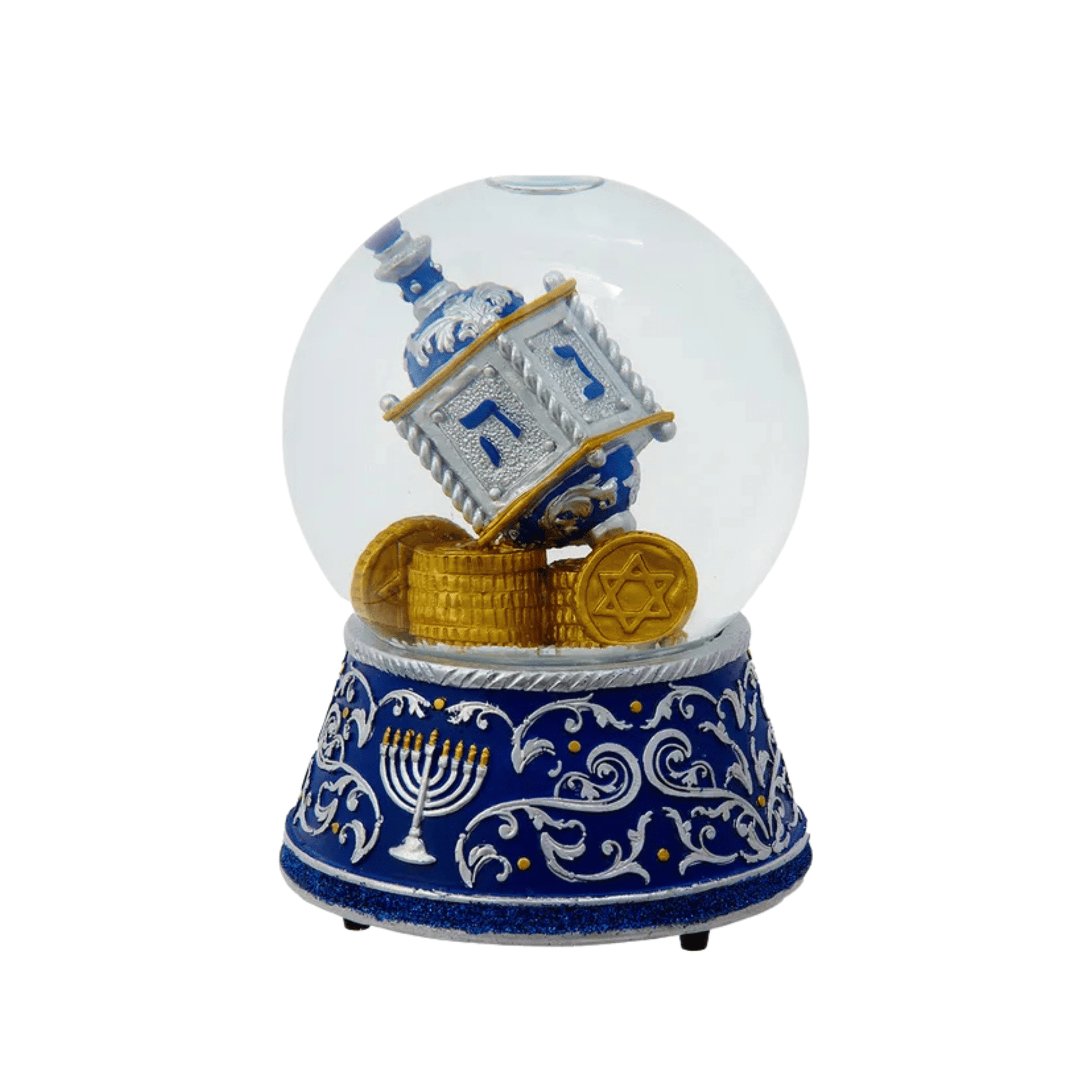 Kurt Adler 100MM Wind Up Musical Hanukkah Water Globe – Dreidel and Gold Coin Design, Plays “Dreidel, Dreidel” - Tree Treasures