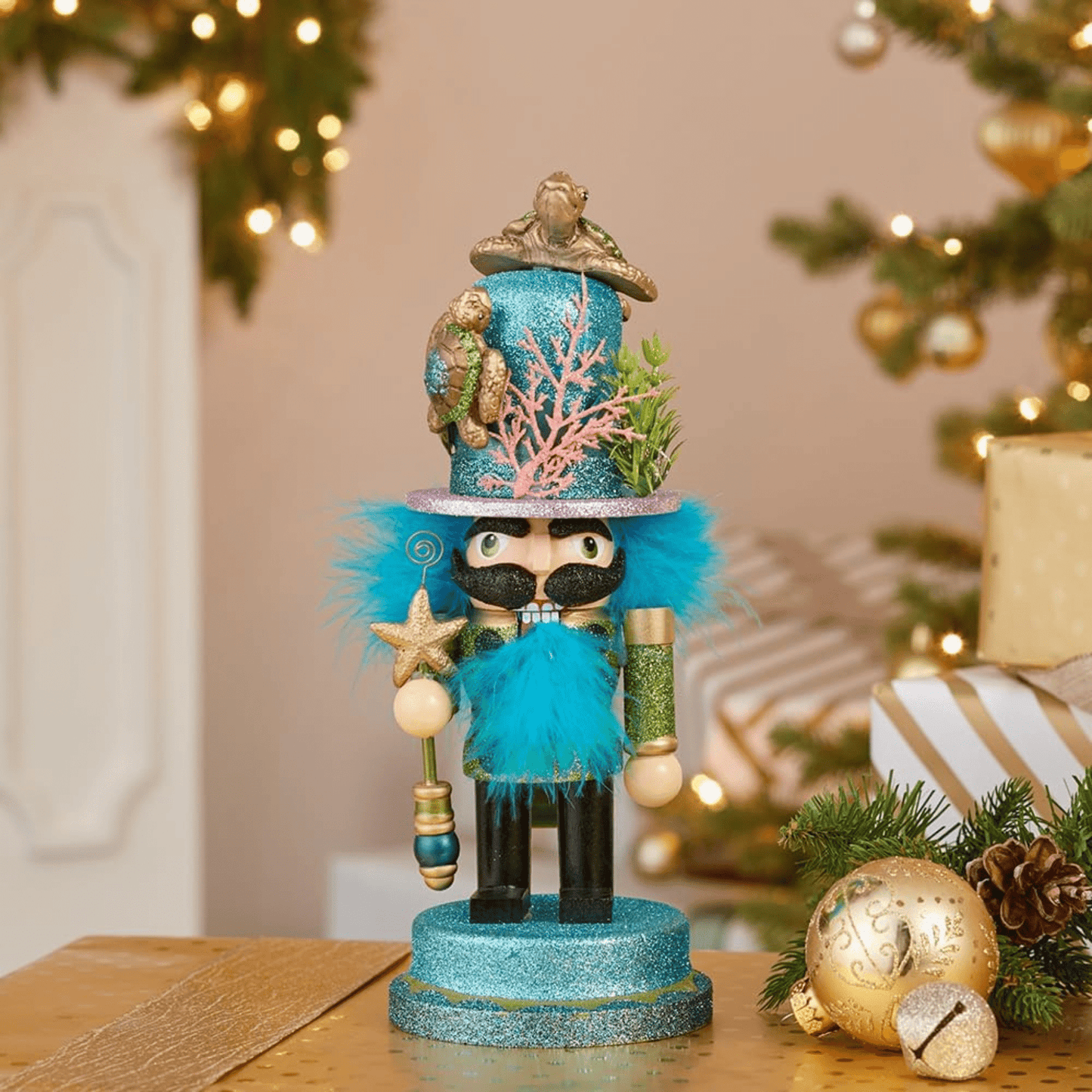 Kurt Adler 11" Hollywood Nutcracker with Sea Turtle Hat – Coastal Christmas Decor - Tree Treasures