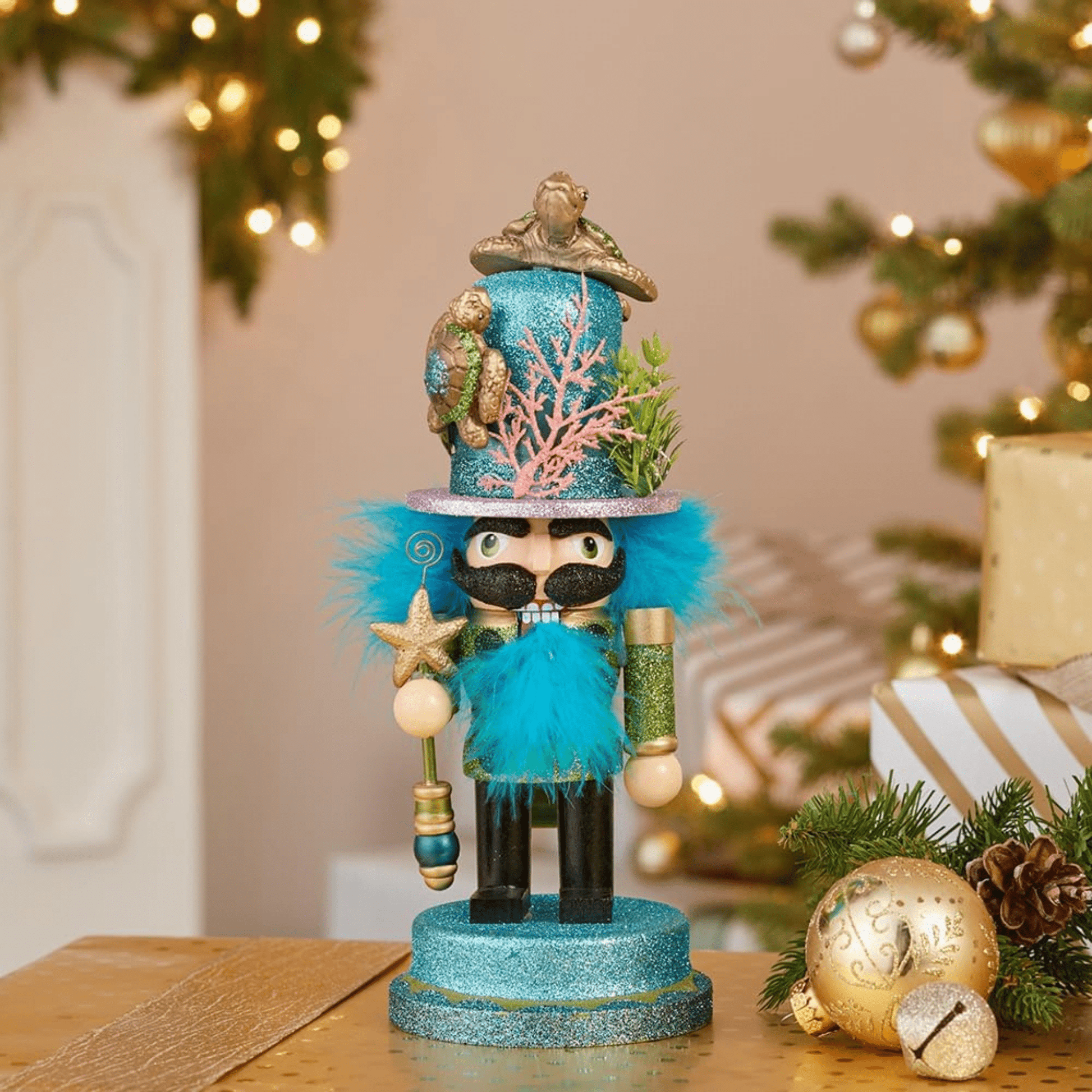 Kurt Adler 11" Hollywood Nutcracker with Sea Turtle Hat – Coastal Christmas Decor - Tree Treasures