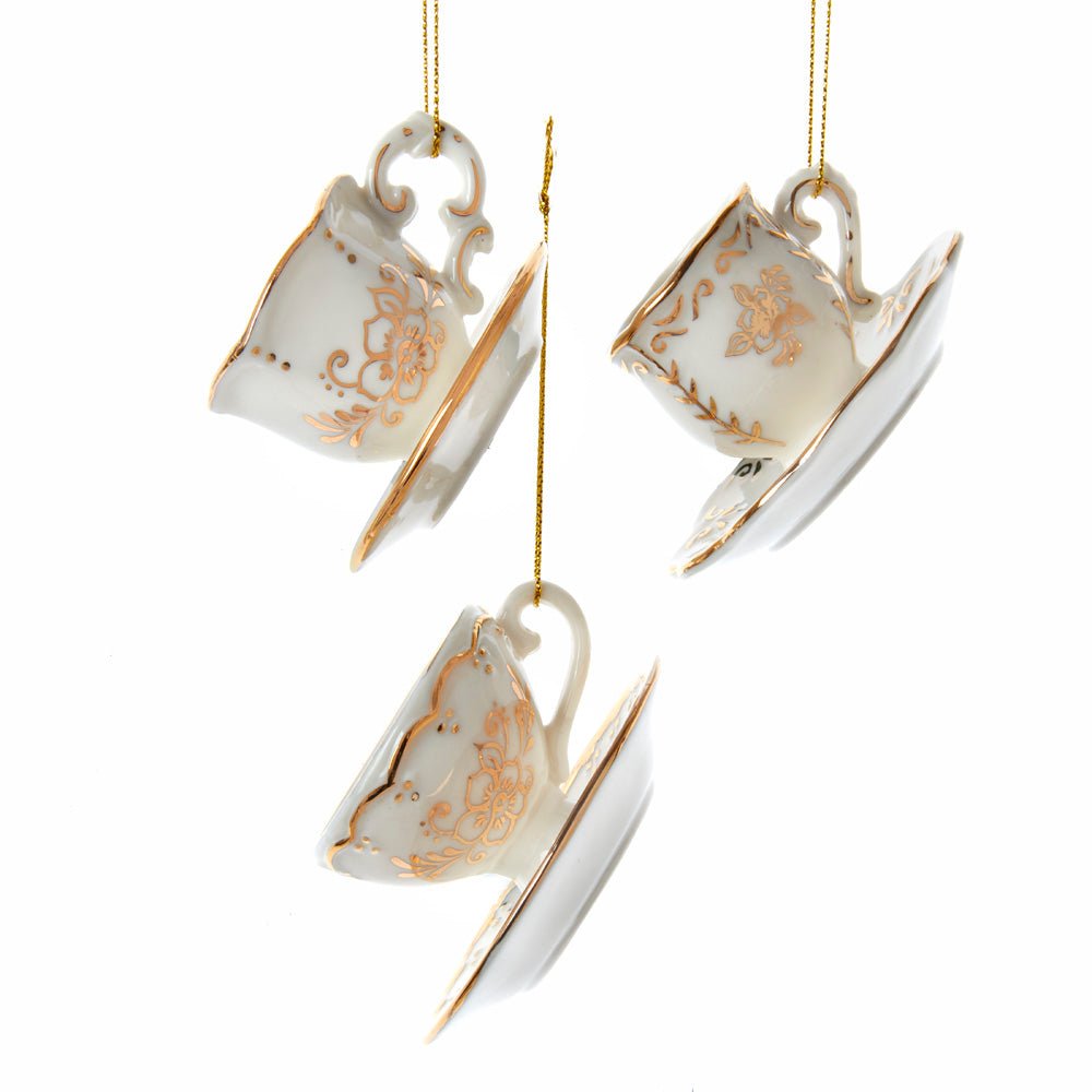 KURT ADLER 3" GOLD AND WHITE PORCELAIN TEACUP ORNAMENT 3 ASSORTED - Tree Treasures