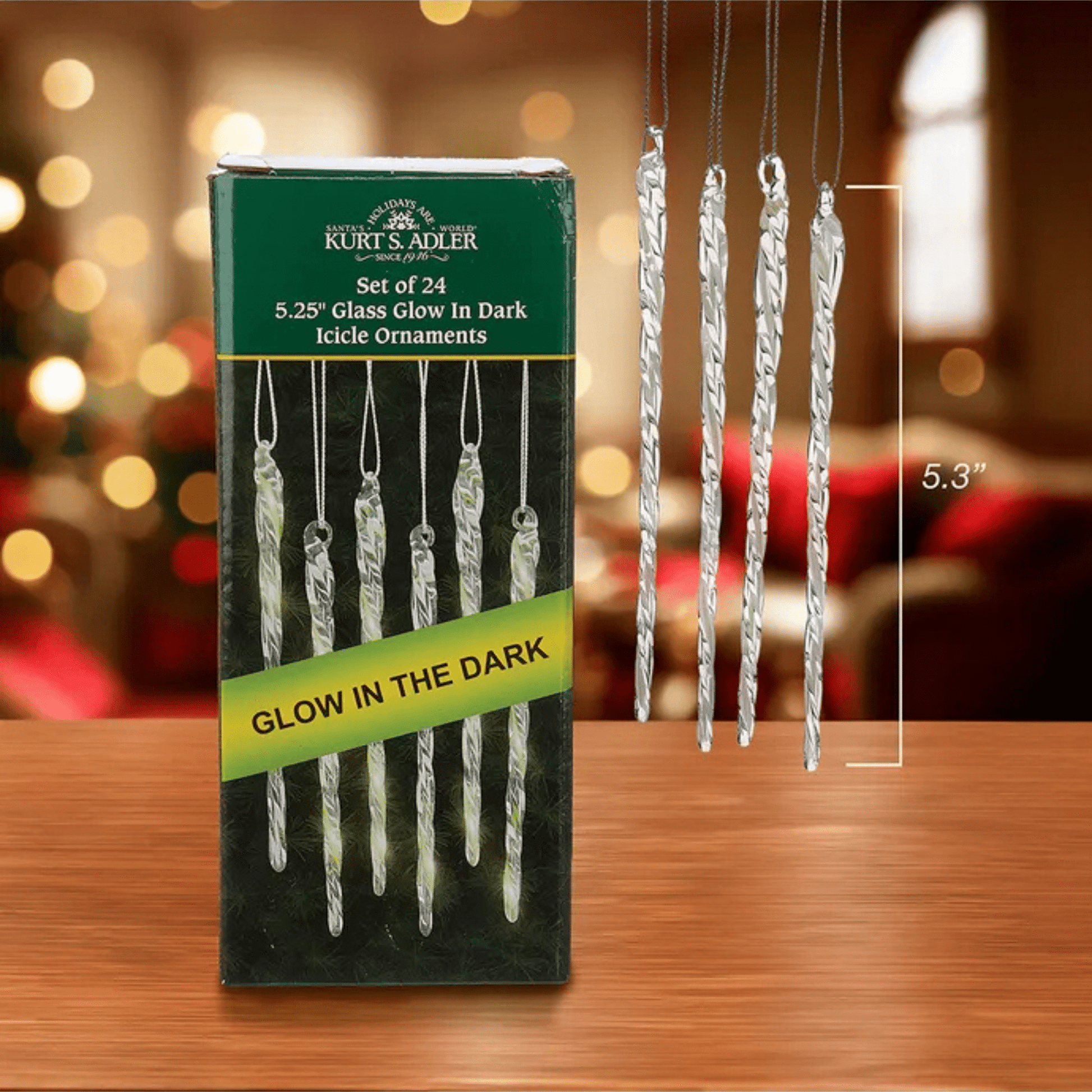 KURT ADLER 5.25" GLASS GLOW IN DARK ICICLE SET 24 PIECES - Tree Treasures