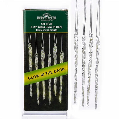 KURT ADLER 5.25" GLASS GLOW IN DARK ICICLE SET 24 PIECES - Tree Treasures