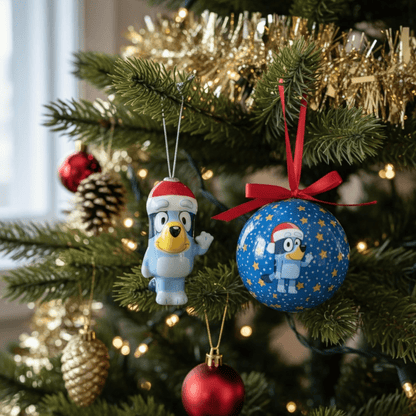 Kurt Adler Bluey Christmas Ornament Bundle – Bluey Decoupage Ornament & Bluey Santa Hat Ball Ornament - Tree Treasures