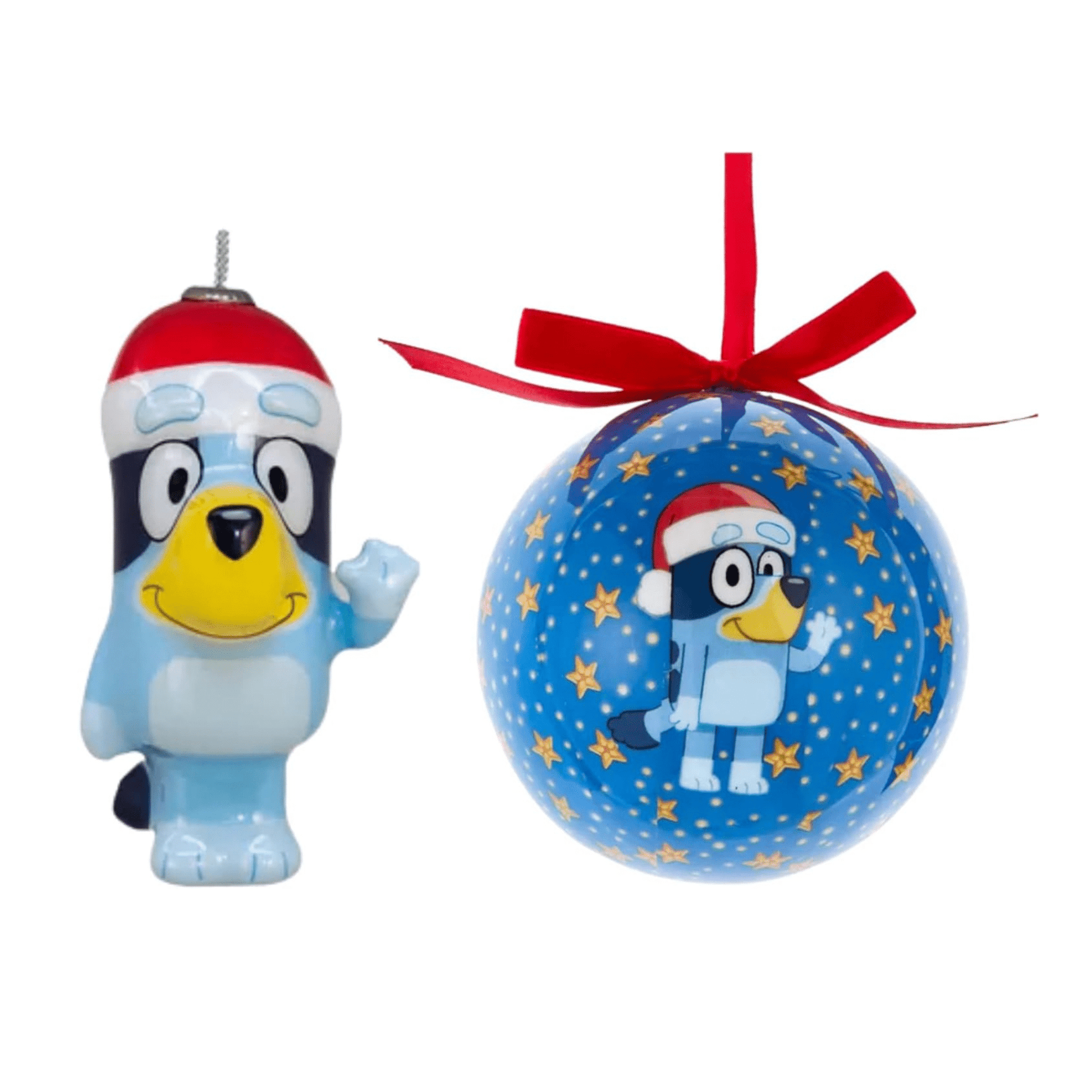 Kurt Adler Bluey Christmas Ornament Bundle – Bluey Decoupage Ornament & Bluey Santa Hat Ball Ornament - Tree Treasures