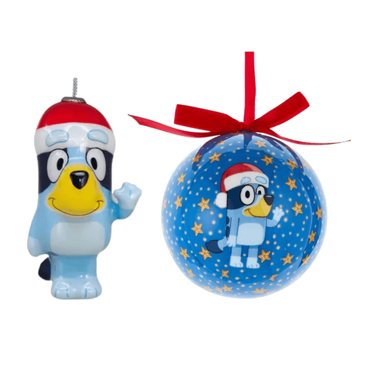 Kurt Adler Bluey Christmas Ornament Bundle – Bluey Decoupage Ornament & Bluey Santa Hat Ball Ornament - Tree Treasures