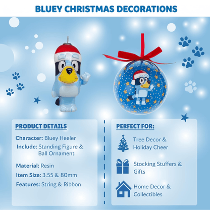 Kurt Adler Bluey Christmas Ornament Bundle – Bluey Decoupage Ornament & Bluey Santa Hat Ball Ornament - Tree Treasures