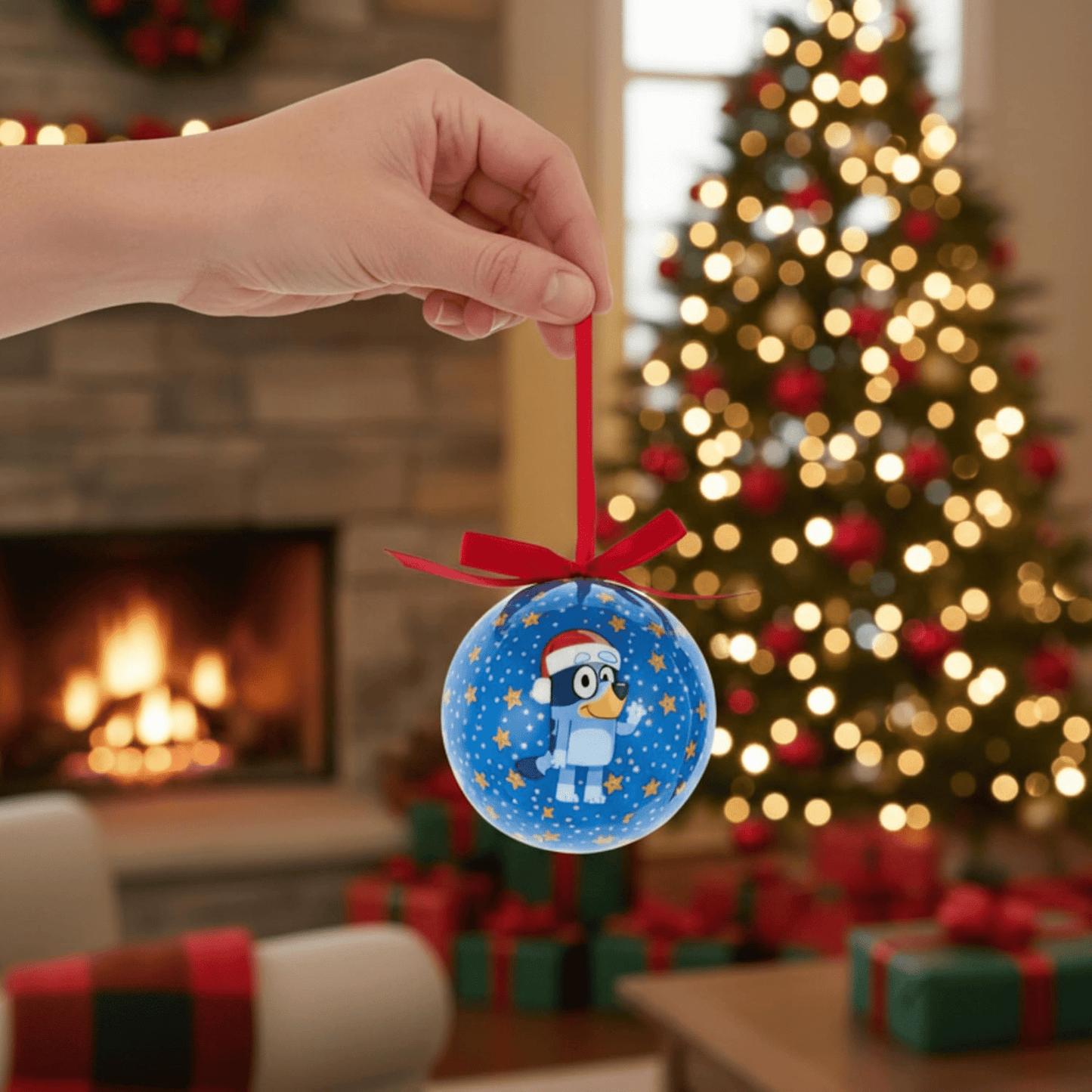 Kurt Adler Bluey Christmas Ornament Bundle – Bluey Decoupage Ornament & Bluey Santa Hat Ball Ornament - Tree Treasures