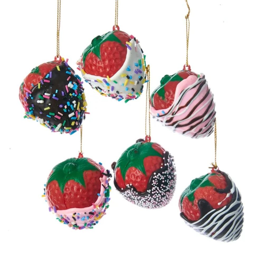 Kurt Adler Chocolate Covered Strawberry Ornaments, Set of 6, 2 Inches - Tree Treasures