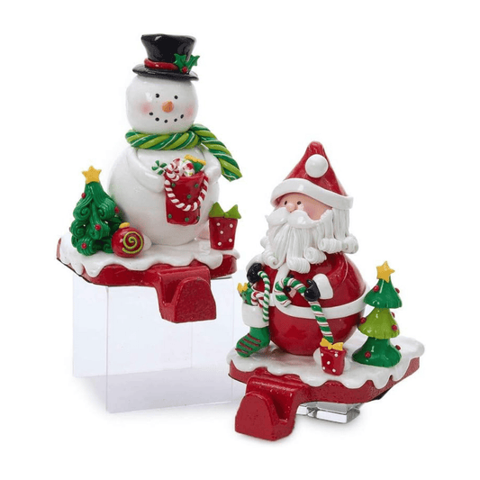 Kurt Adler Claydough Santa & Snowman Stocking Hangers – Shiny Glaze Finish, Set of 2 - Tree Treasures
