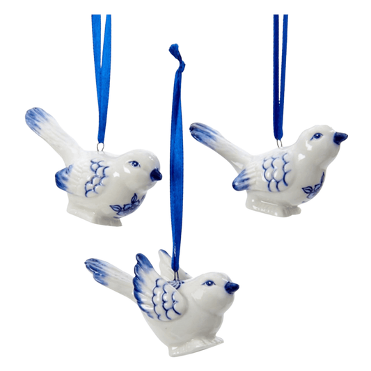Kurt Adler Delft Blue Porcelain Bird Ornaments – Set of 3, Hand - Painted - Tree Treasures