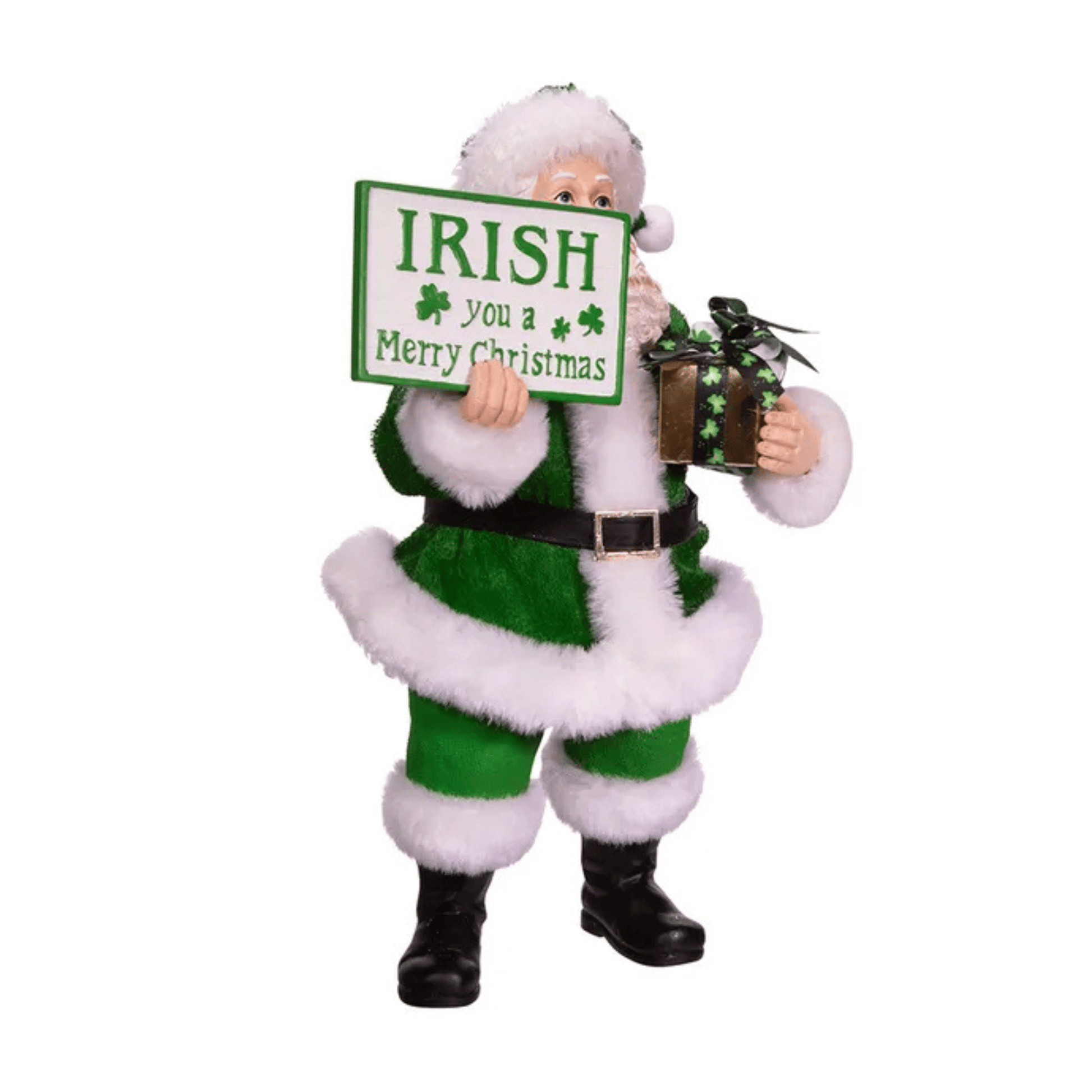 Kurt Adler Fabriché™ Musical Irish Santa Figurine Holding a Sign, 10.5 Inches - Tree Treasures