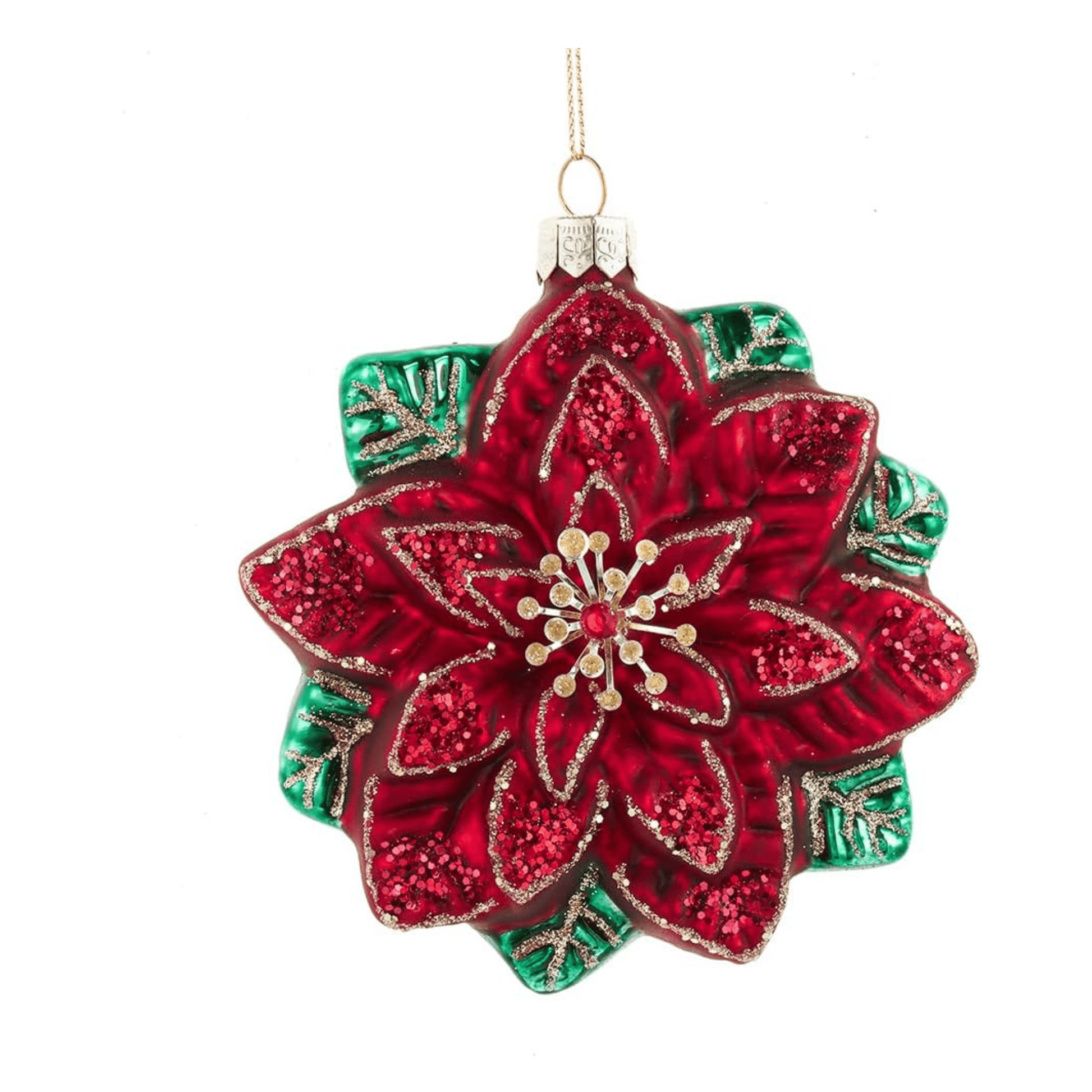 Kurt Adler Glass Red & Green Poinsettia Christmas Ornament with Glitter – 4.5" - Tree Treasures