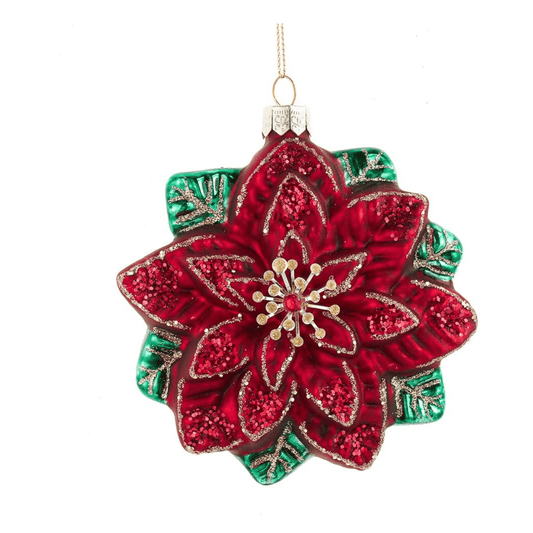 Kurt Adler Glass Red & Green Poinsettia Christmas Ornament with Glitter – 4.5" - Tree Treasures