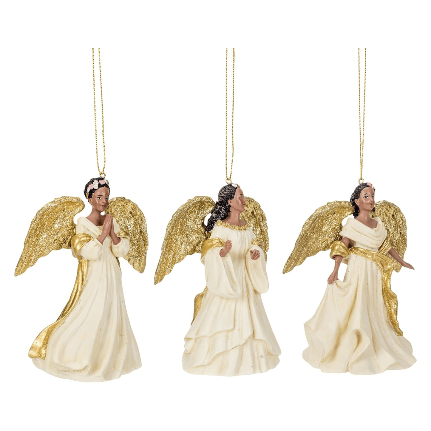 Kurt Adler Ivory and Gold African American Angel Ornaments – Set of 3 Assorted - Tree Treasures