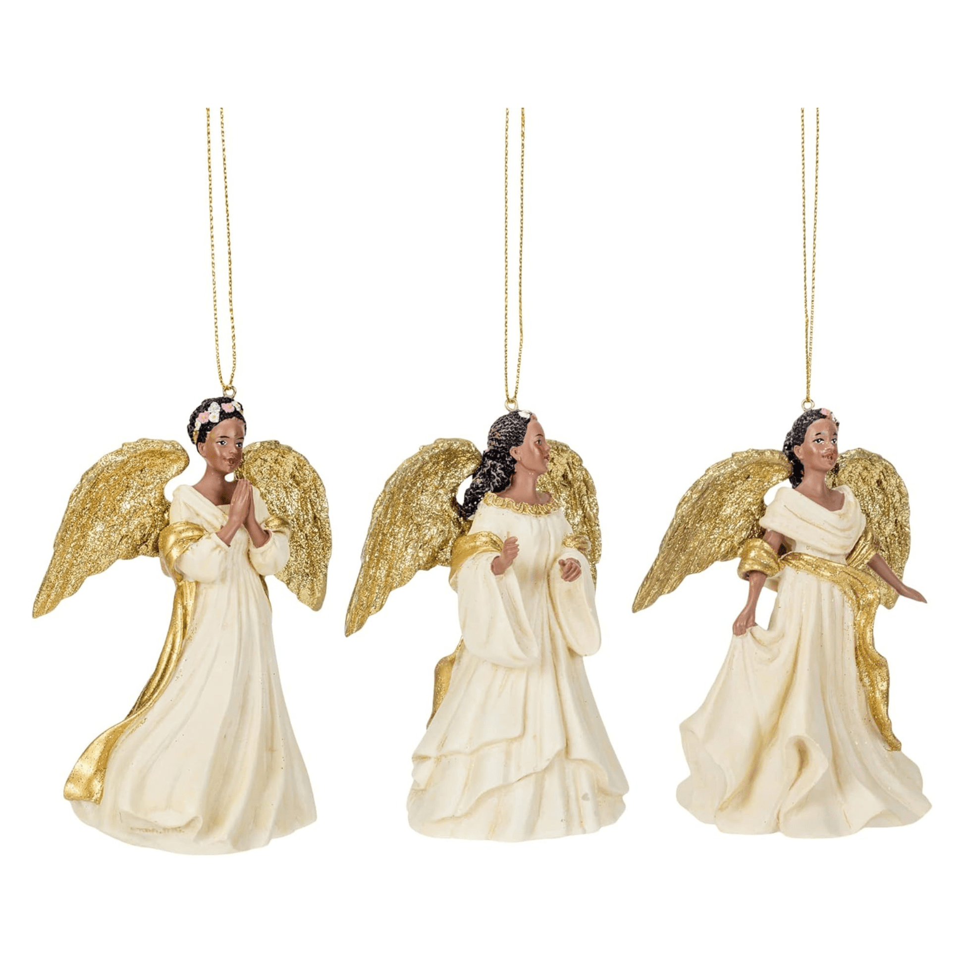 Kurt Adler Ivory and Gold African American Angel Ornaments – Set of 3 Assorted - Tree Treasures
