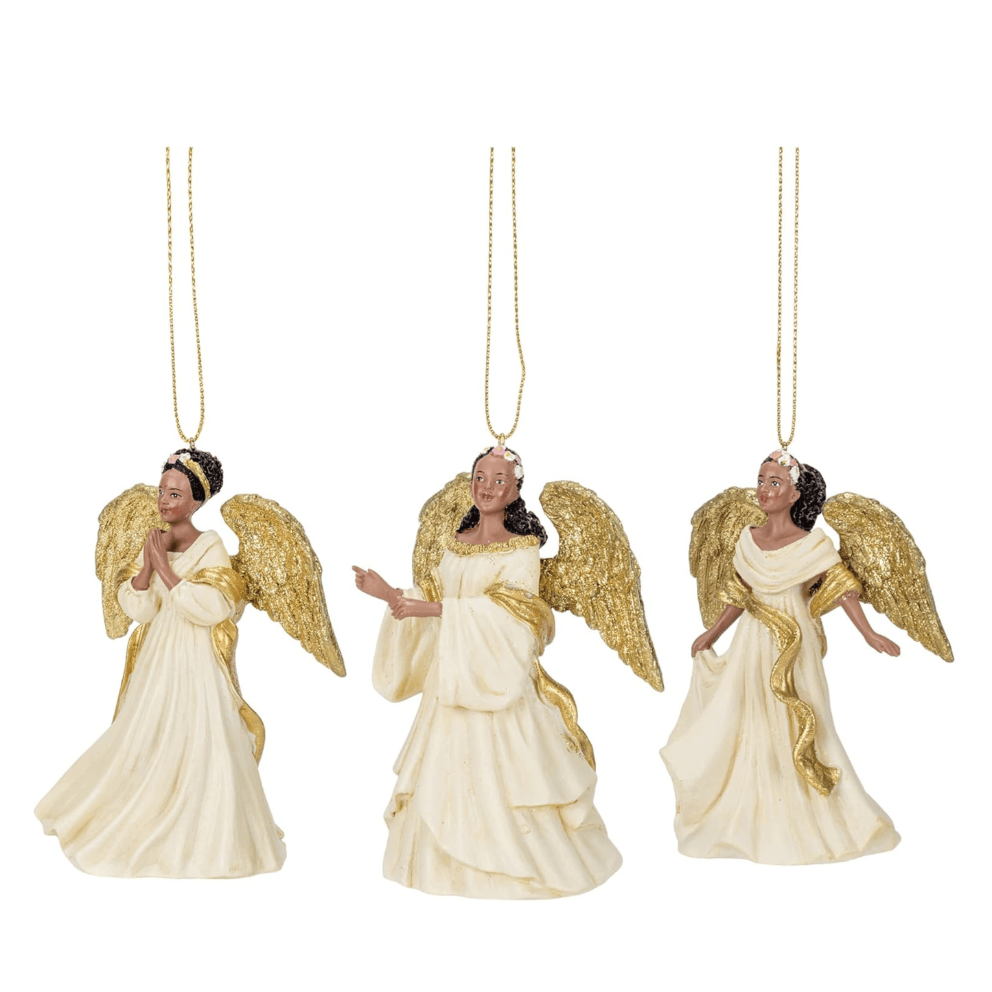 Kurt Adler Ivory and Gold African American Angel Ornaments – Set of 3 Assorted - Tree Treasures
