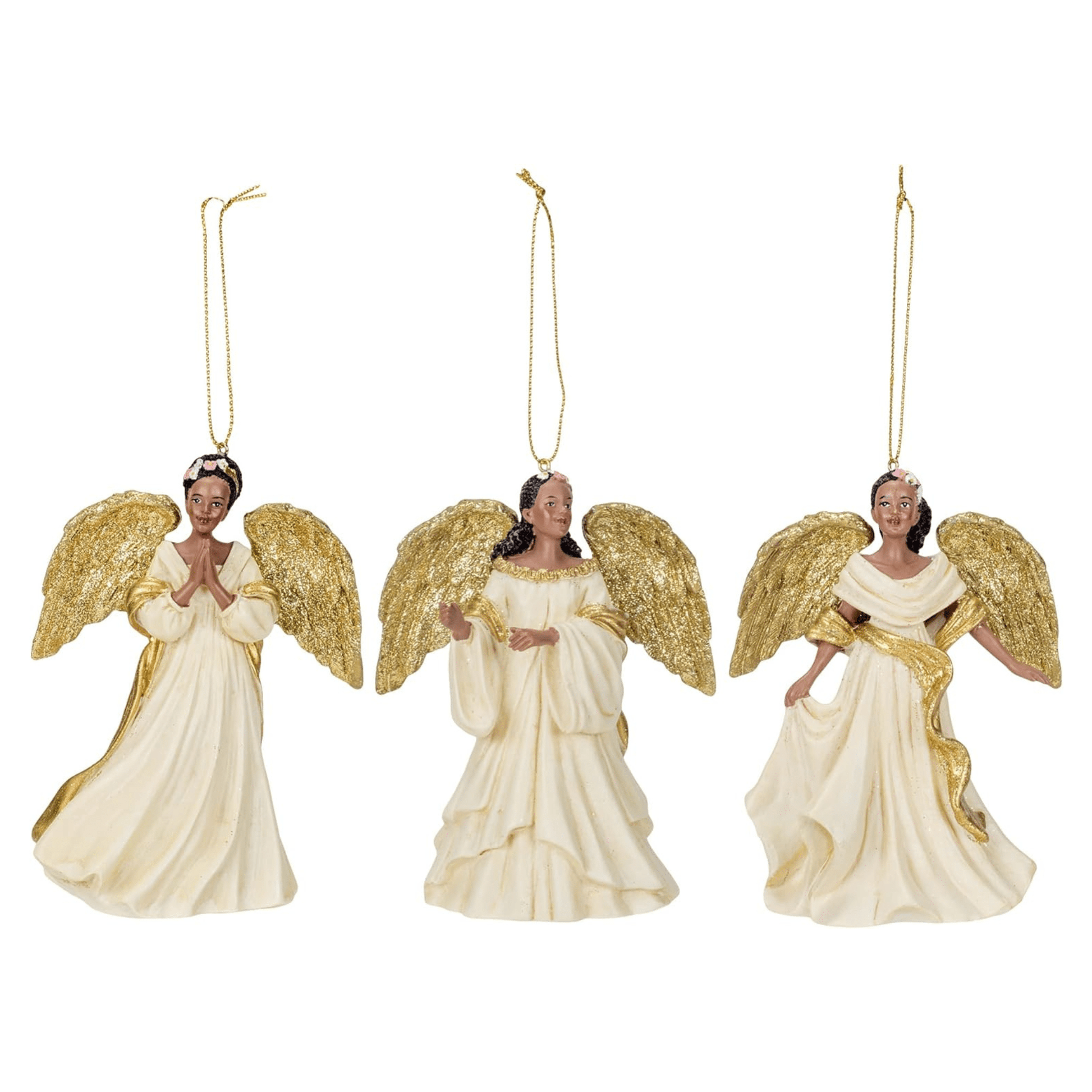 Kurt Adler Ivory and Gold African American Angel Ornaments – Set of 3 Assorted - Tree Treasures