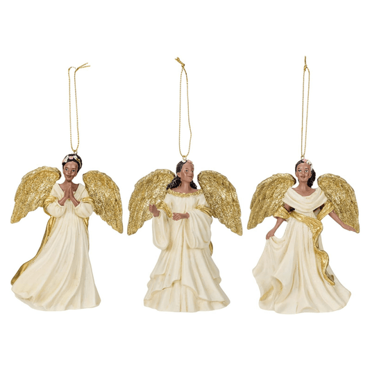 Kurt Adler Ivory and Gold African American Angel Ornaments – Set of 3 Assorted - Tree Treasures