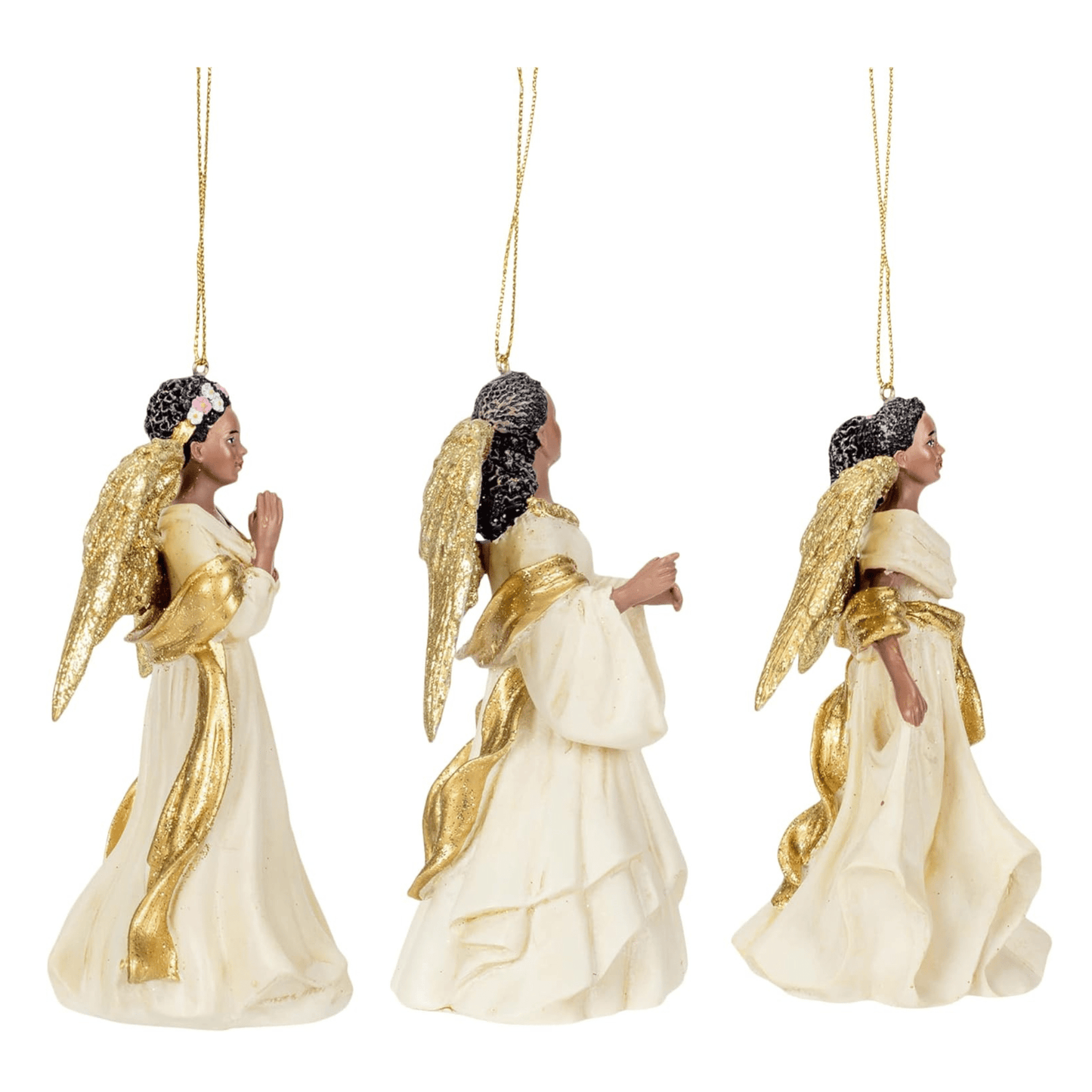 Kurt Adler Ivory and Gold African American Angel Ornaments – Set of 3 Assorted - Tree Treasures