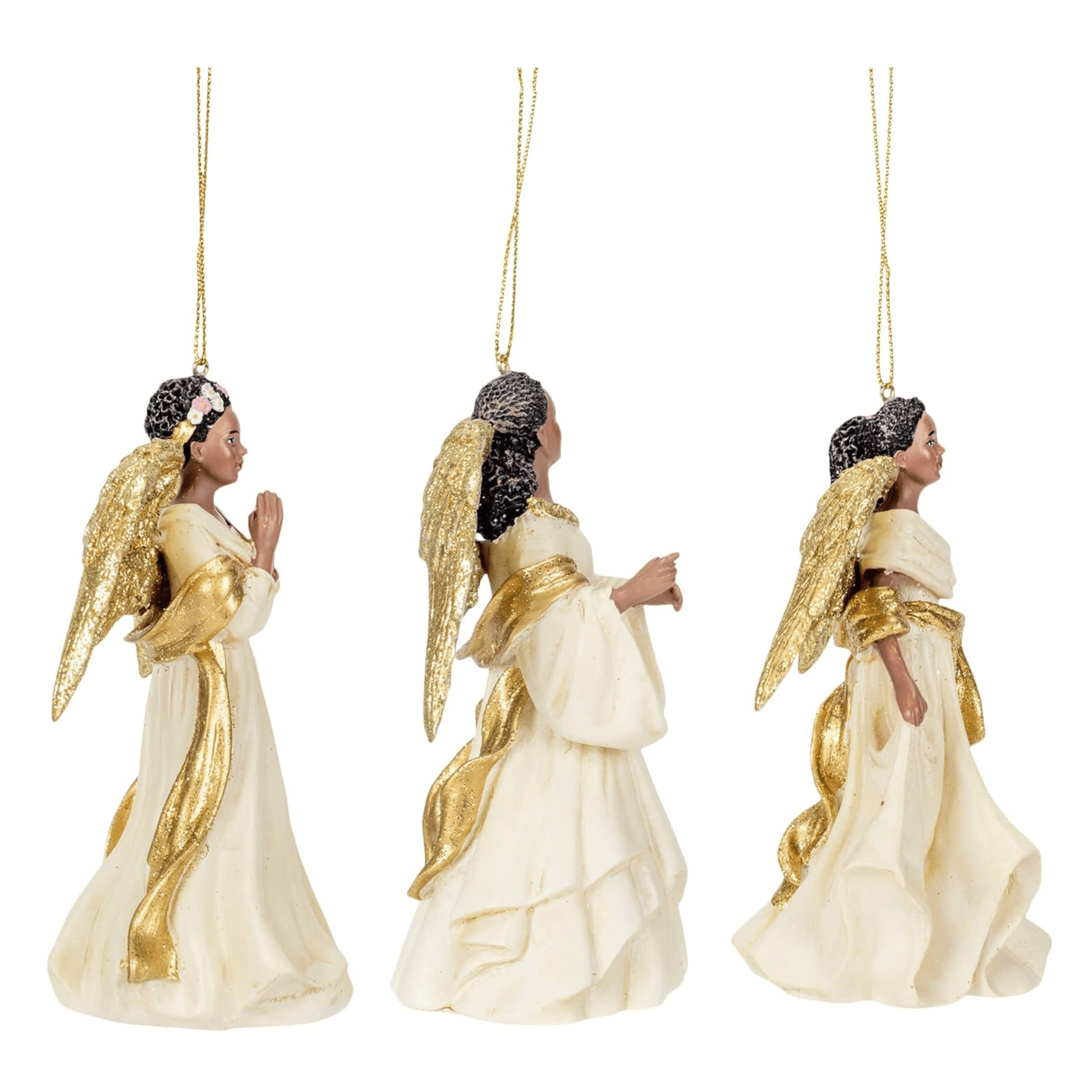 Kurt Adler Ivory and Gold African American Angel Ornaments – Set of 3 Assorted - Tree Treasures