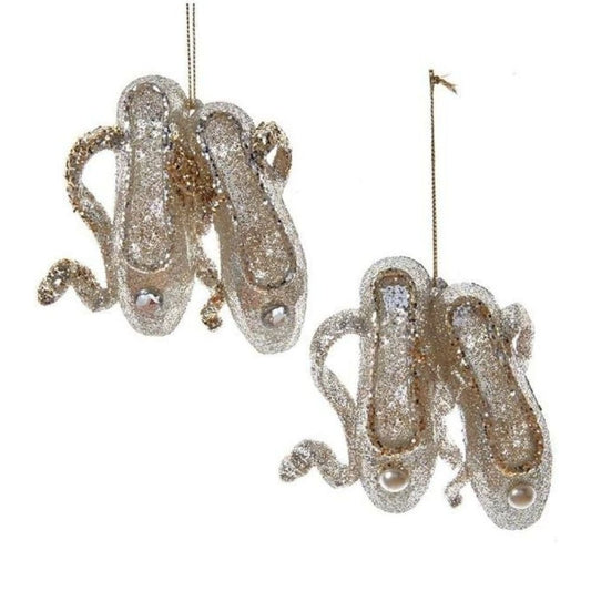 Kurt Adler Light Gold and Silver Ballet Shoes Ornament, Set of 2, 8.9 Inches - Tree Treasures