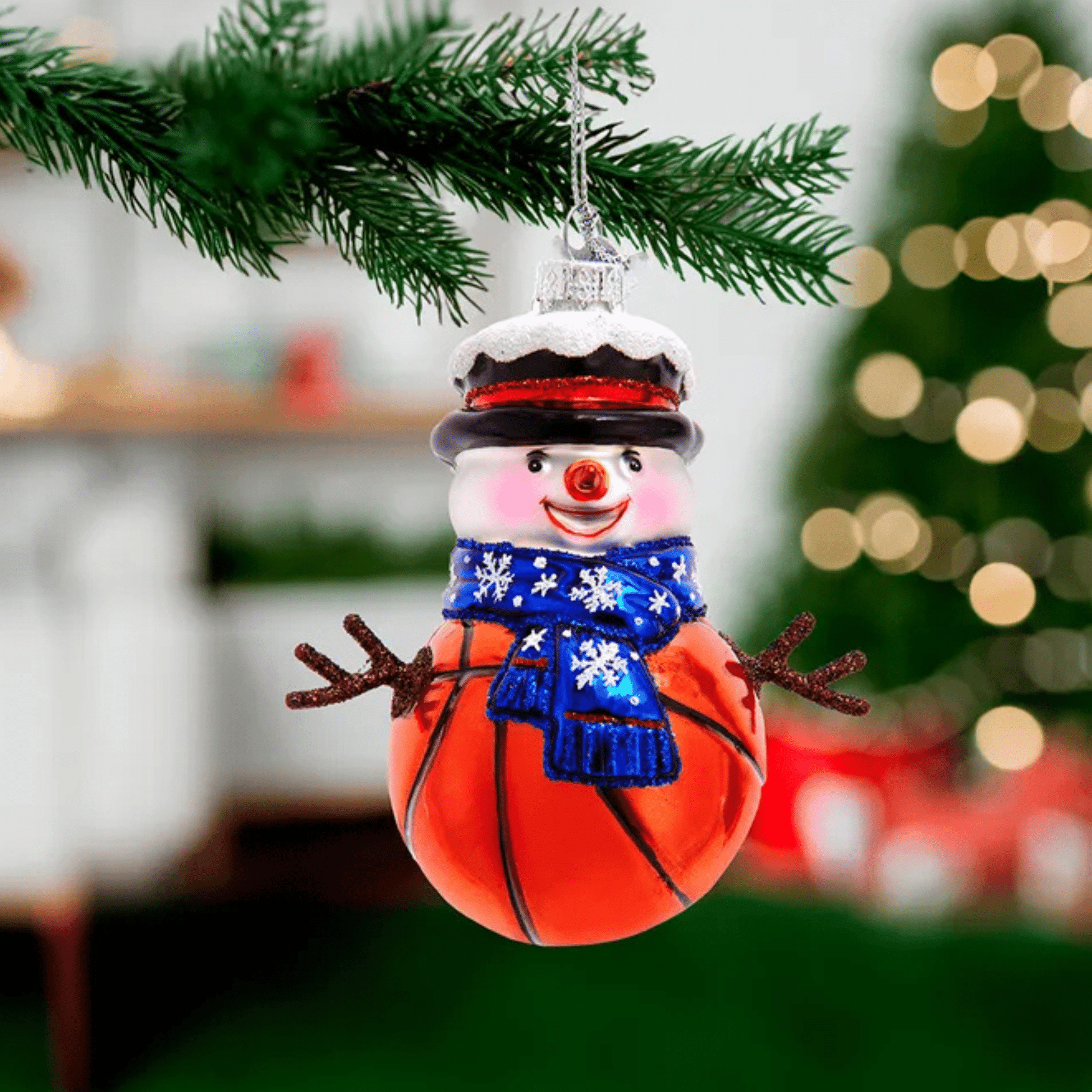 Kurt Adler Noble Gems™ Glass Basketball Snowman Ornament with Twig Arms – Sports Christmas Tree Decoration - Tree Treasures