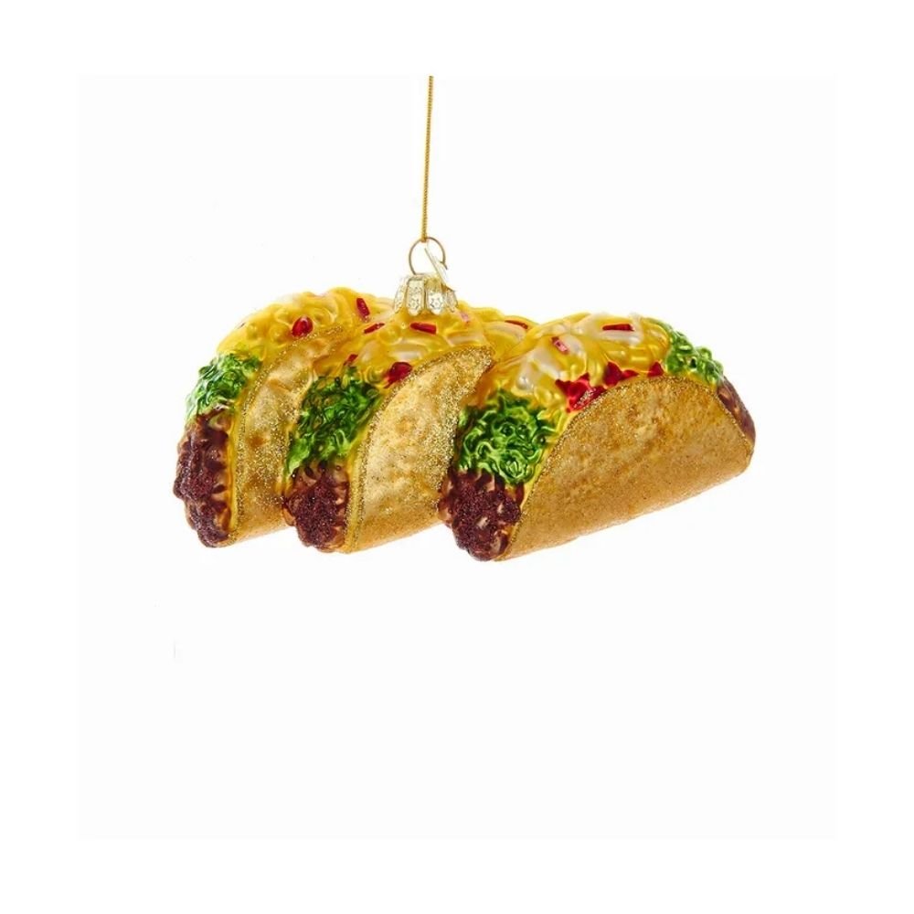 Festive taco-shaped glass ornament with detailed toppings and chili pepper loop