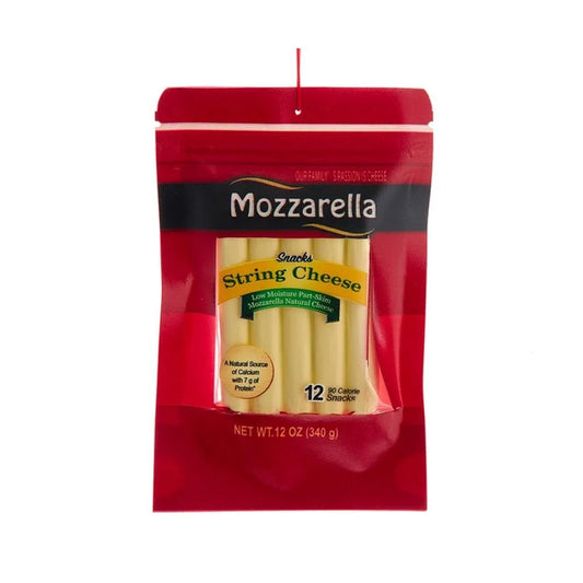Mozzarella string cheese ornament resembling real packaging, 5.5 inches tall