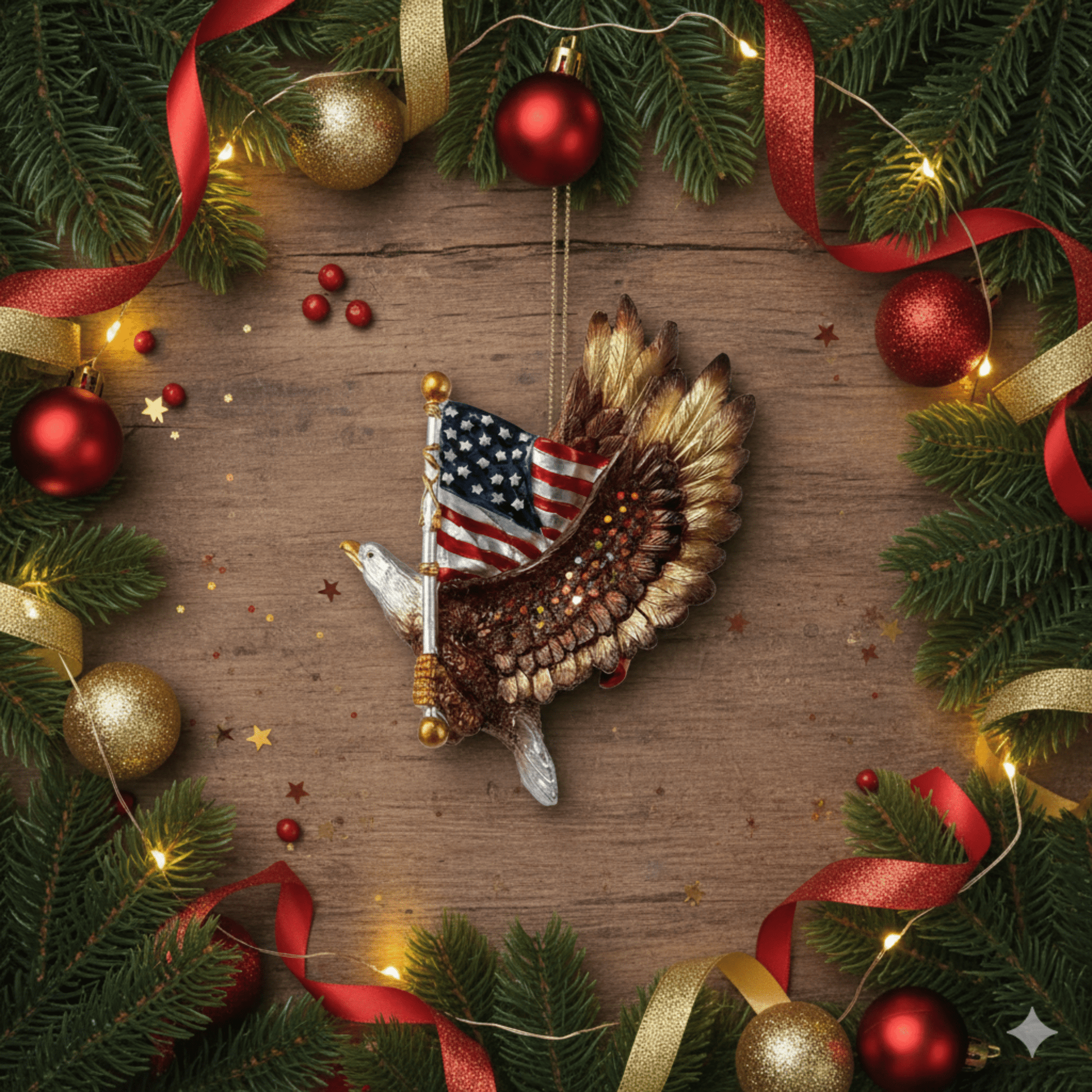 Kurt Adler Resin Patriotic Eagle with The American Flag Ornament, 5 - inches - Tree Treasures