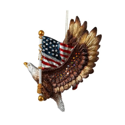 Eagle ornament clutching American flag with resin feathers and patriotic base