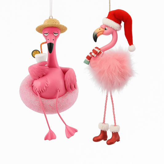 Kurt Adler Tropical Flamingo Ornament Duo – Set of 2 Quirky Christmas Decorations - Tree Treasures