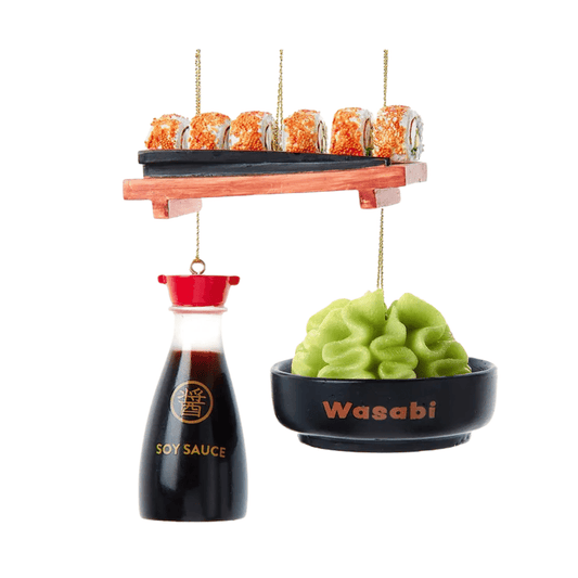 Kurt Adler Wasabi, Soy Sauce & Sushi Ornaments – 3 - Piece Assorted Set of Japanese Food Christmas Decorations - Tree Treasures