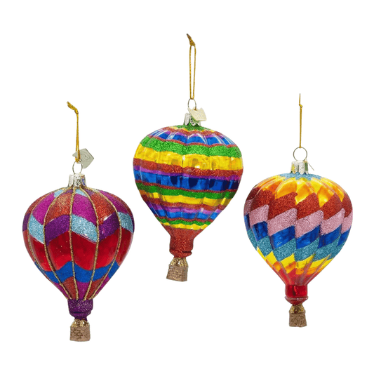 Kurt S. Adler Noble Gems™ Glass Hot Air Balloon Ornaments – 3 - Piece Set, Handcrafted Multicolor Holiday Decorations - Tree Treasures