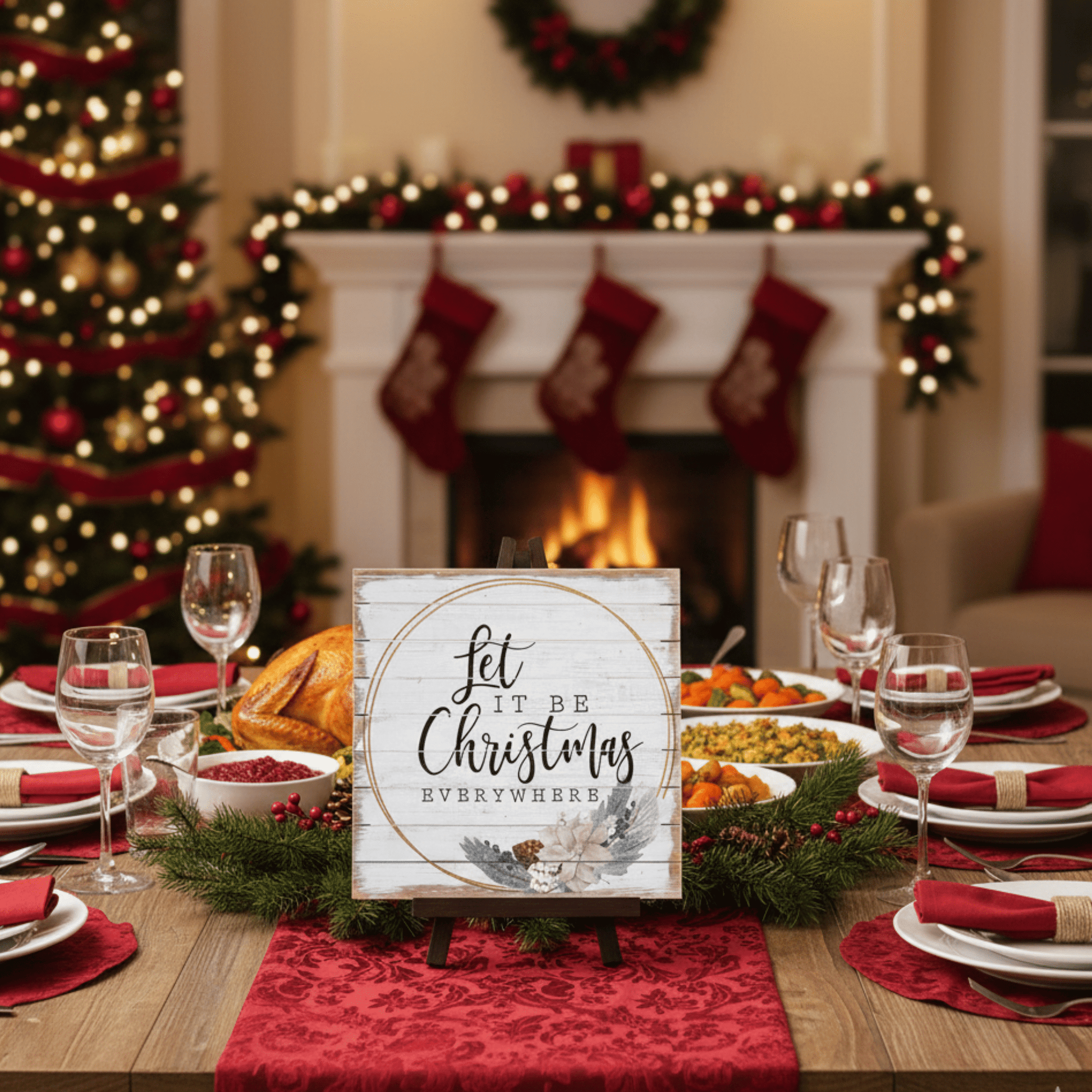 Let It Be Christmas Everywhere Wooden Wall Art – 14" x 14" Rustic Holiday Décor - Tree Treasures