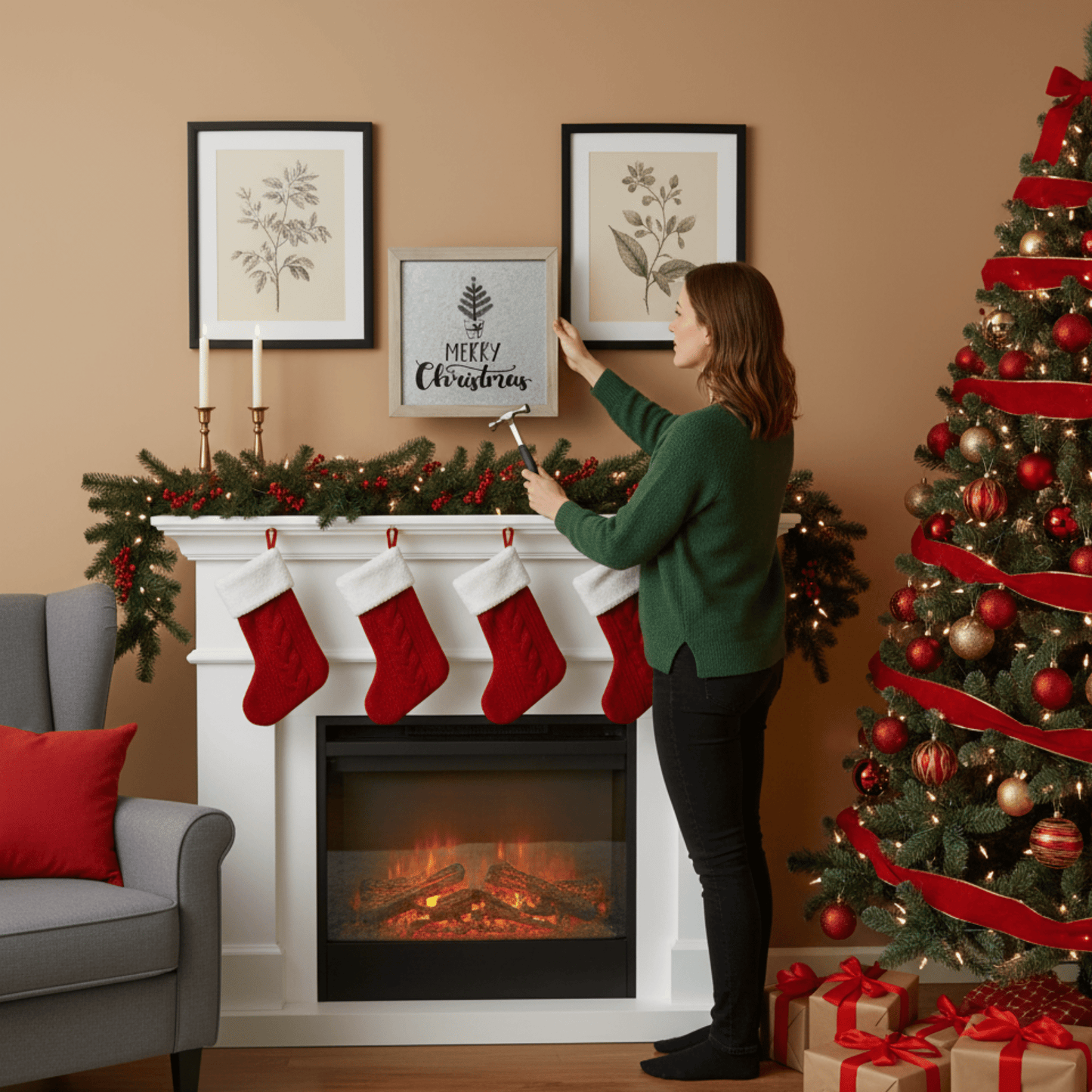 Merry Christmas Rustic Framed Galvanized Wall Art – 10" x 10" Holiday Décor - Tree Treasures