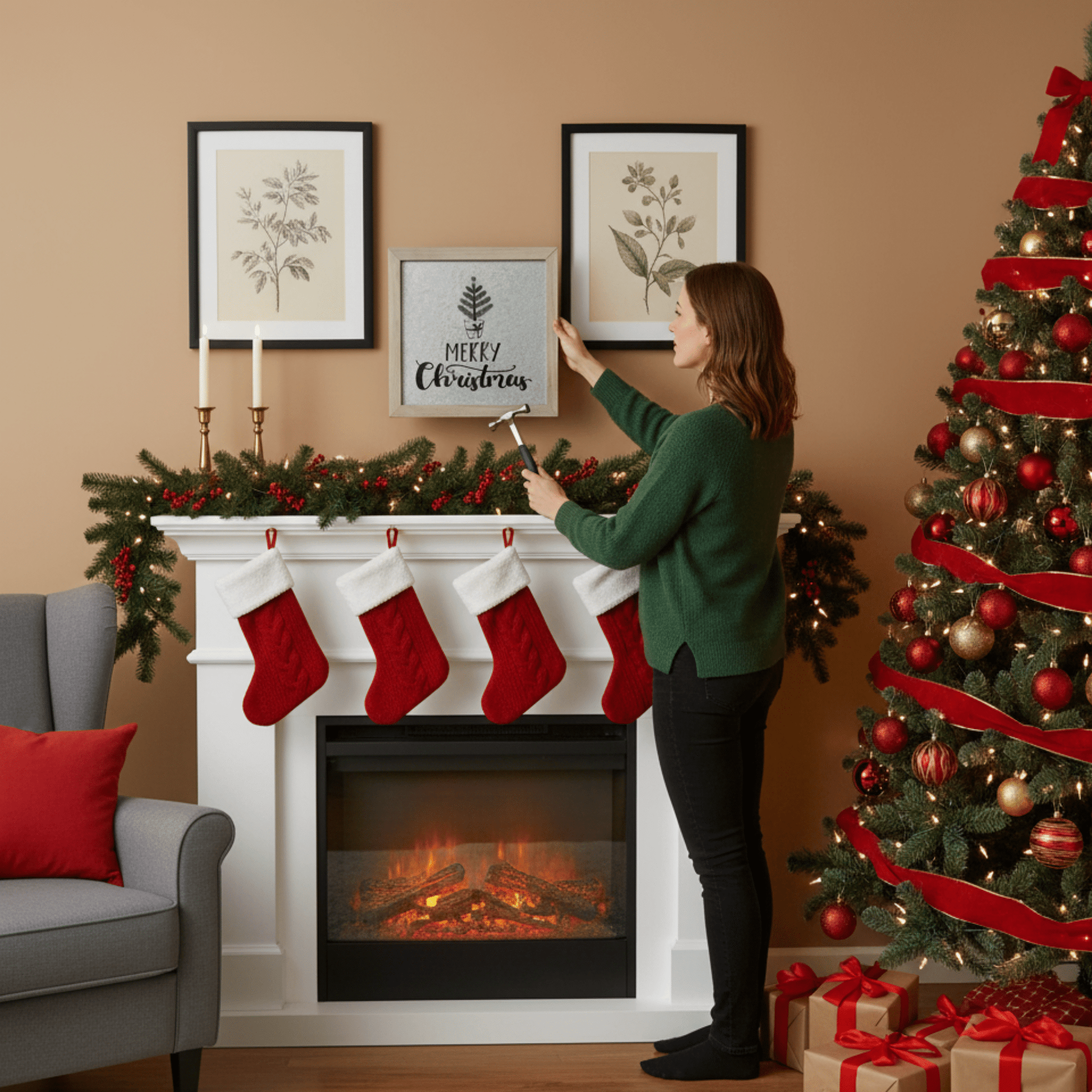 Merry Christmas Rustic Framed Galvanized Wall Art – 10" x 10" Holiday Décor - Tree Treasures